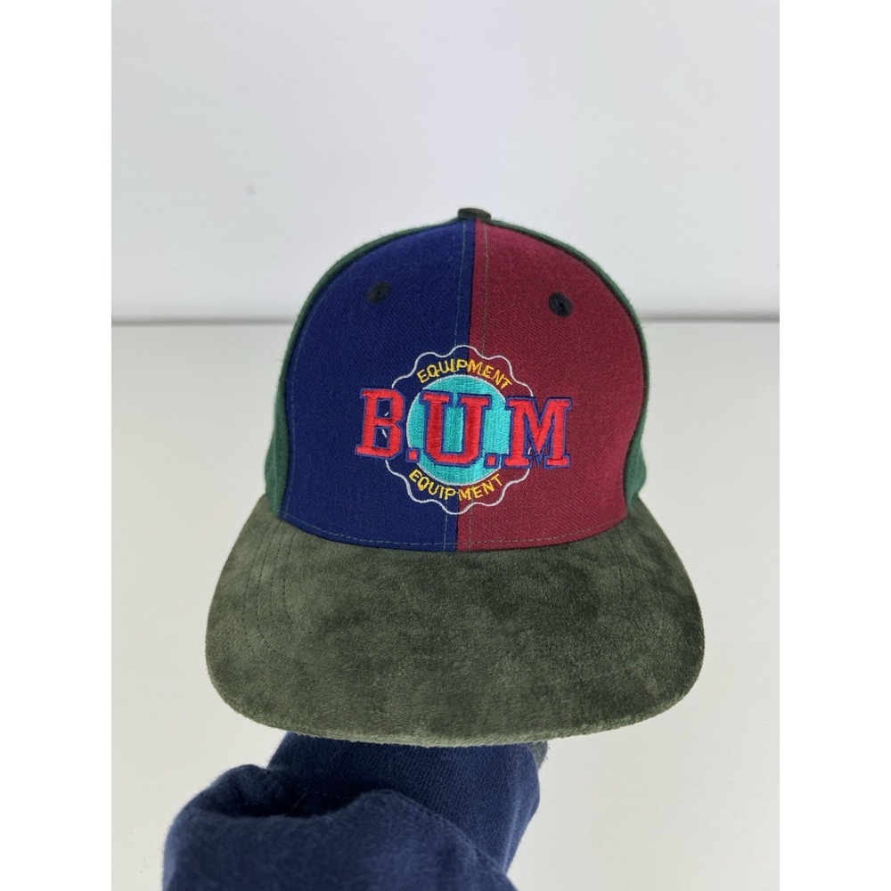Vintage BUM Equipment‎ 90s Green Colorblock Adjustable SnapBack Cap Hat Suede